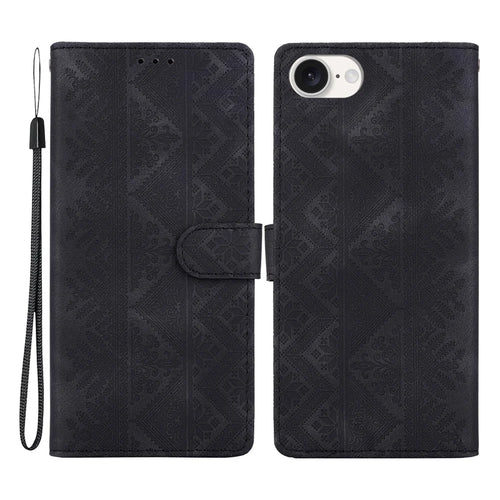 For iPhone 17e  /  16e Wallet Case Imprinted Ethnic Pattern Leather Phone Cover with Wrist Strap - Black - 1