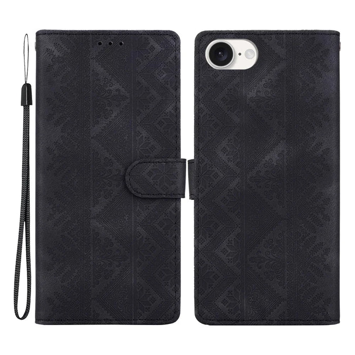 For iPhone 17e  /  16e Wallet Case Imprinted Ethnic Pattern Leather Phone Cover with Wrist Strap - Black - 1