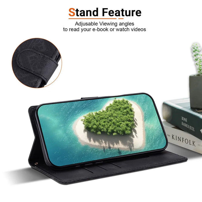 For iPhone 17e  /  16e Wallet Case Imprinted Ethnic Pattern Leather Phone Cover with Wrist Strap - Black - 2