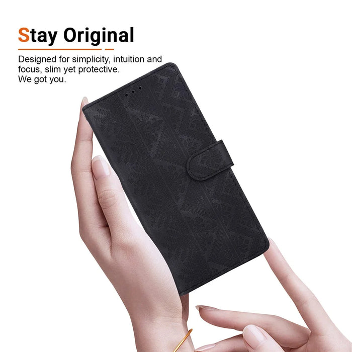 For iPhone 17e  /  16e Wallet Case Imprinted Ethnic Pattern Leather Phone Cover with Wrist Strap - Black - 4