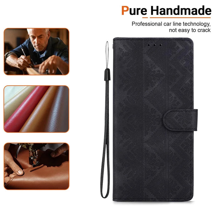For iPhone 17e  /  16e Wallet Case Imprinted Ethnic Pattern Leather Phone Cover with Wrist Strap - Black - 6