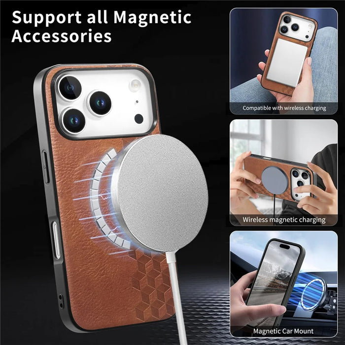 For iPhone 18 Pro Max / 17 Pro Max Magnetic Phone Case with Grid Pattern Protective PU Leather + PC Cover - Brown - 6