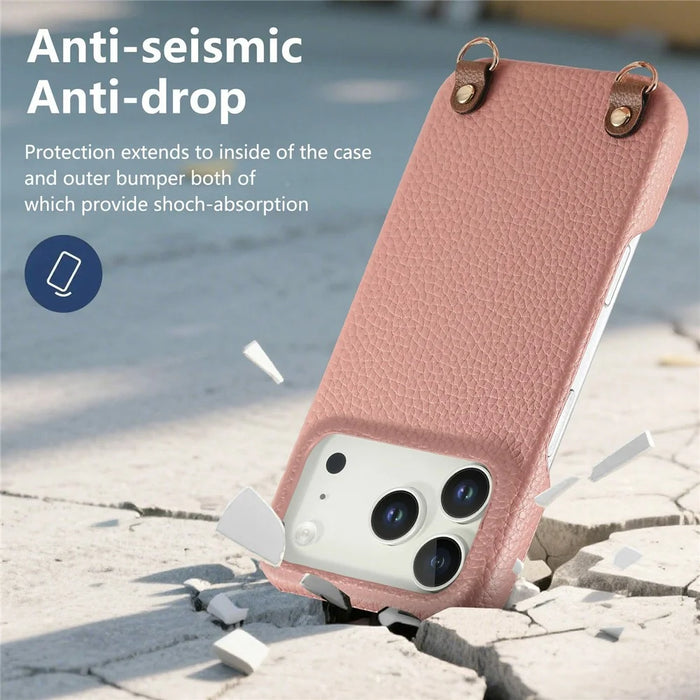 For iPhone 18 Pro / 17 Pro Litchi Pattern Case with Lanyard Shockproof PC PU Leather Cover - Pink - 4