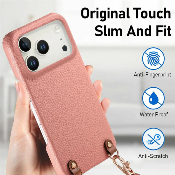 For iPhone 18 Pro / 17 Pro Litchi Pattern Case with Lanyard Shockproof PC PU Leather Cover - Pink - 5