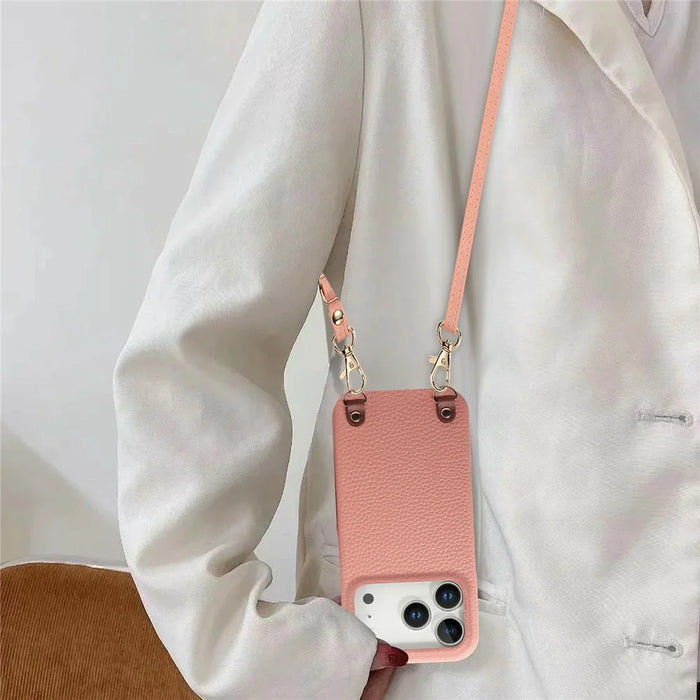 For iPhone 18 Pro / 17 Pro Litchi Pattern Case with Lanyard Shockproof PC PU Leather Cover - Pink - 7