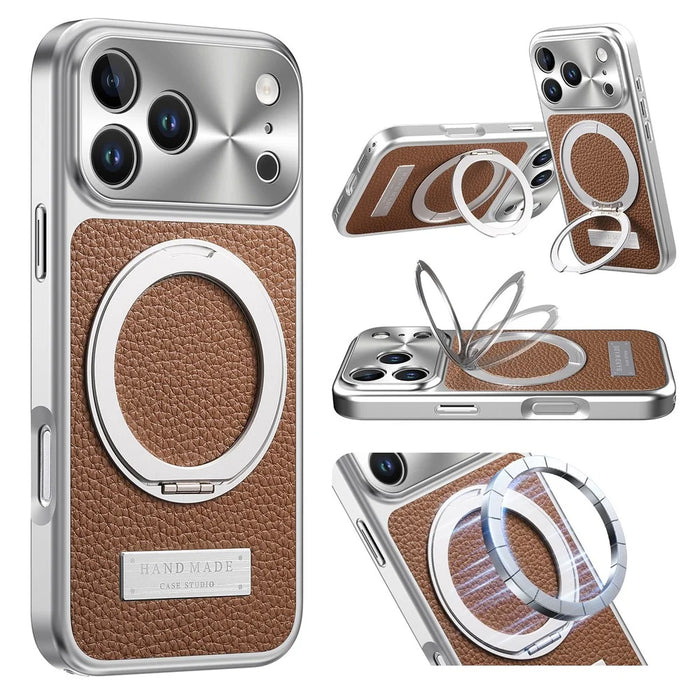 For iPhone 18 Pro Max / 17 Pro Max Magnetic Case Litchi Texture PU Leather+TPU+PC Phone Cover with Rotating Kickstand - Brown - 1