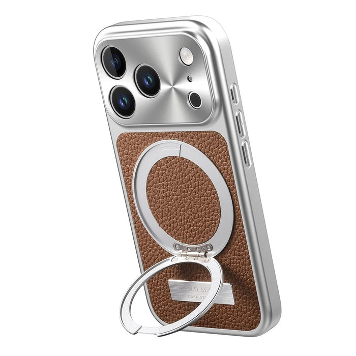 For iPhone 18 Pro Max / 17 Pro Max Magnetic Case Litchi Texture PU Leather+TPU+PC Phone Cover with Rotating Kickstand - Brown - 3