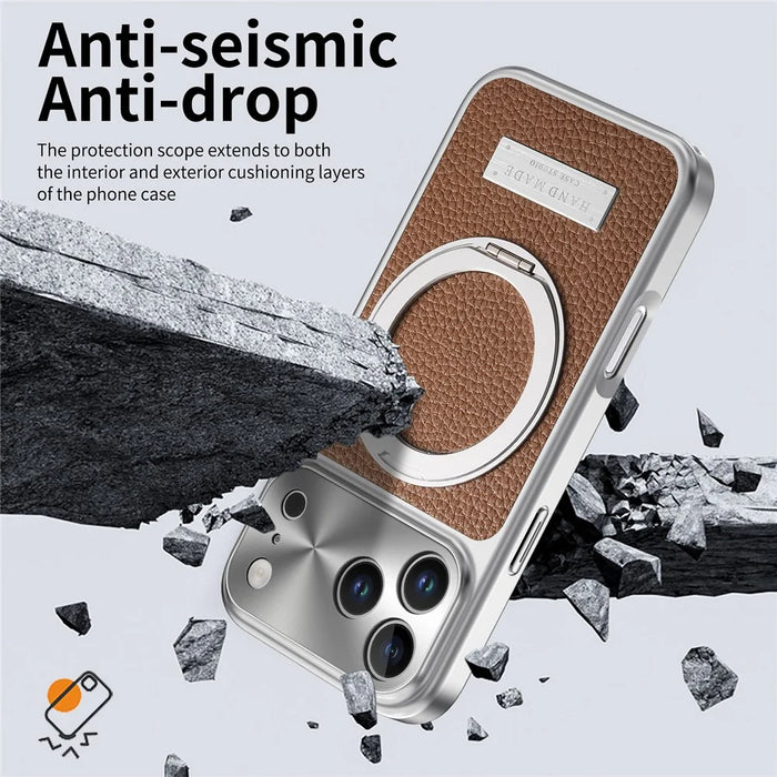 For iPhone 18 Pro Max / 17 Pro Max Magnetic Case Litchi Texture PU Leather+TPU+PC Phone Cover with Rotating Kickstand - Brown - 6