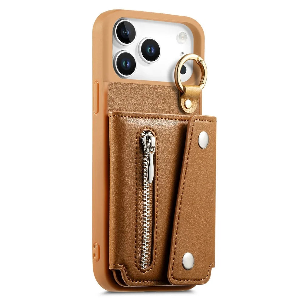 For iPhone 18 Pro Max / 17 Pro Max Case D-Ring Holder Leather + PC + TPU Phone Cover with Wallet Kickstand - Brown - 2