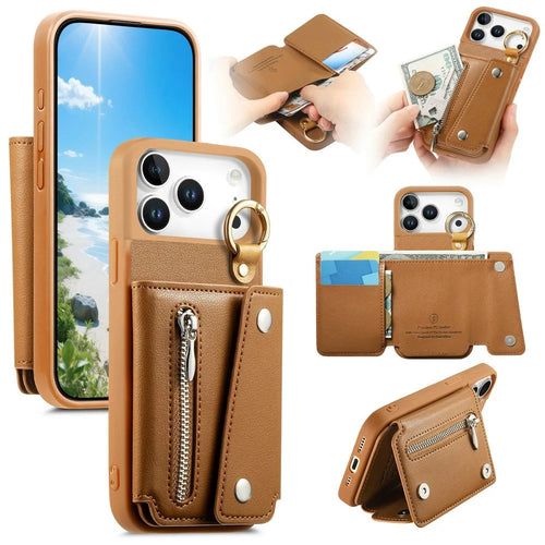 For iPhone 18 Pro / 17 Pro Case D-Ring Holder Leather + PC + TPU Phone Cover with Wallet Kickstand - Brown - 1