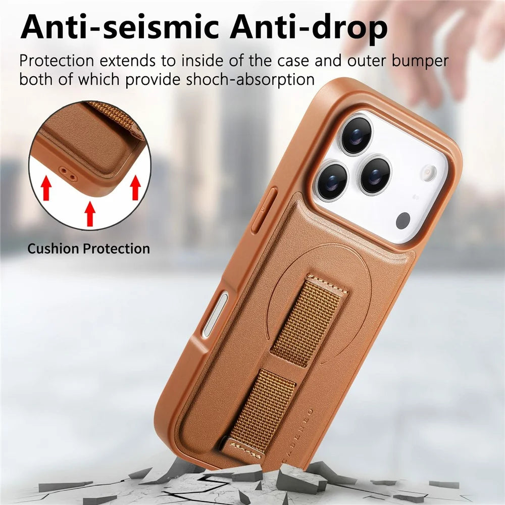 CASENEO For iPhone 18 Pro / 17 Pro Magnetic Case Wristband PU Leather + PC Shockproof Phone Cover - Brown - 7