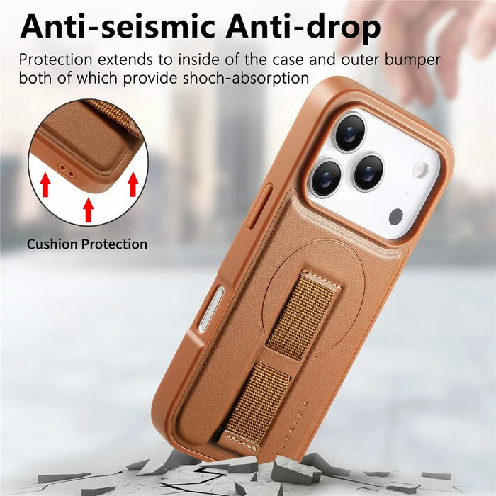 CASENEO For iPhone 18 Pro / 17 Pro Magnetic Case Wristband PU Leather + PC Shockproof Phone Cover - Brown - 7
