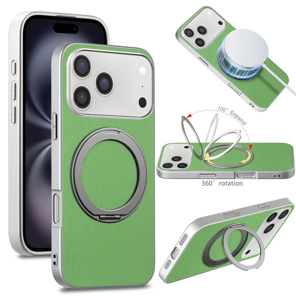 For iPhone 18 Pro Max / 17 Pro Max Magnetic Case Ring Kickstand Fine Grid Texture Leather + PC + TPU Phone Cover - Green - 1