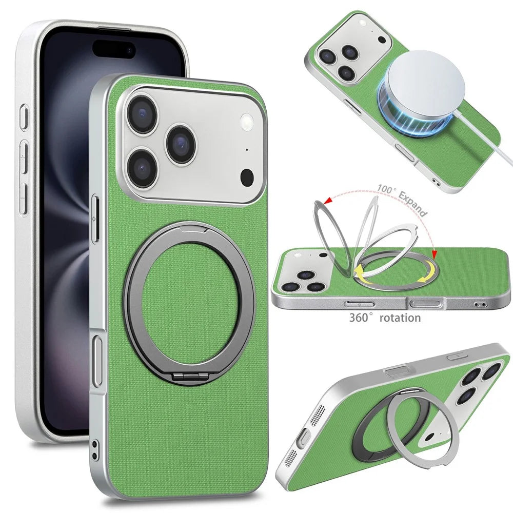 For iPhone 18 Pro / 17 Pro Magnetic Case Ring Kickstand Fine Grid Texture Leather + PC + TPU Phone Cover - Green - 1