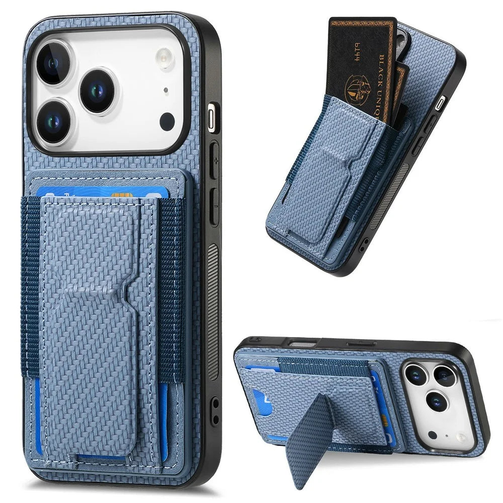 For iPhone 18 Pro Max / 17 Pro Max Case with Card Holder Kickstand Fiber Pattern Leather Back Cover - Blue - 1