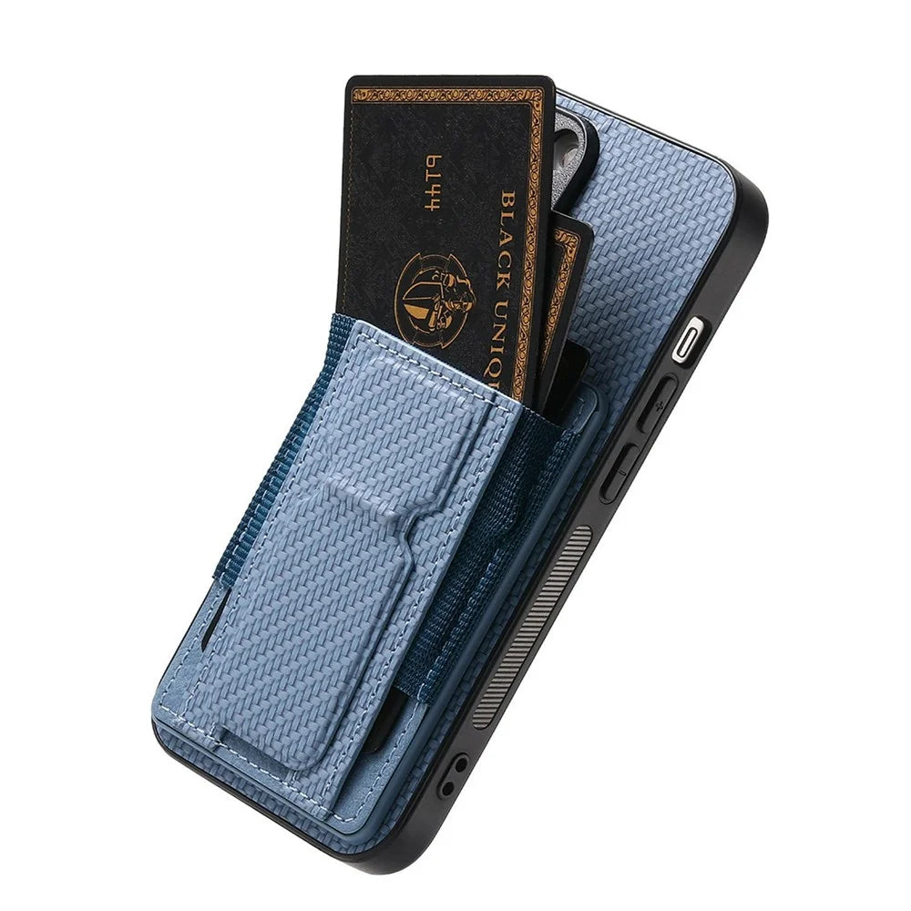 For iPhone 18 Pro Max / 17 Pro Max Case with Card Holder Kickstand Fiber Pattern Leather Back Cover - Blue - 2