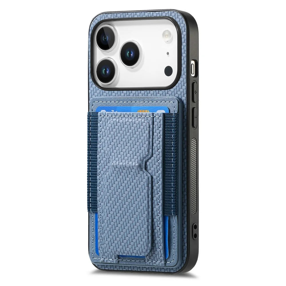 For iPhone 18 Pro Max / 17 Pro Max Case with Card Holder Kickstand Fiber Pattern Leather Back Cover - Blue - 3