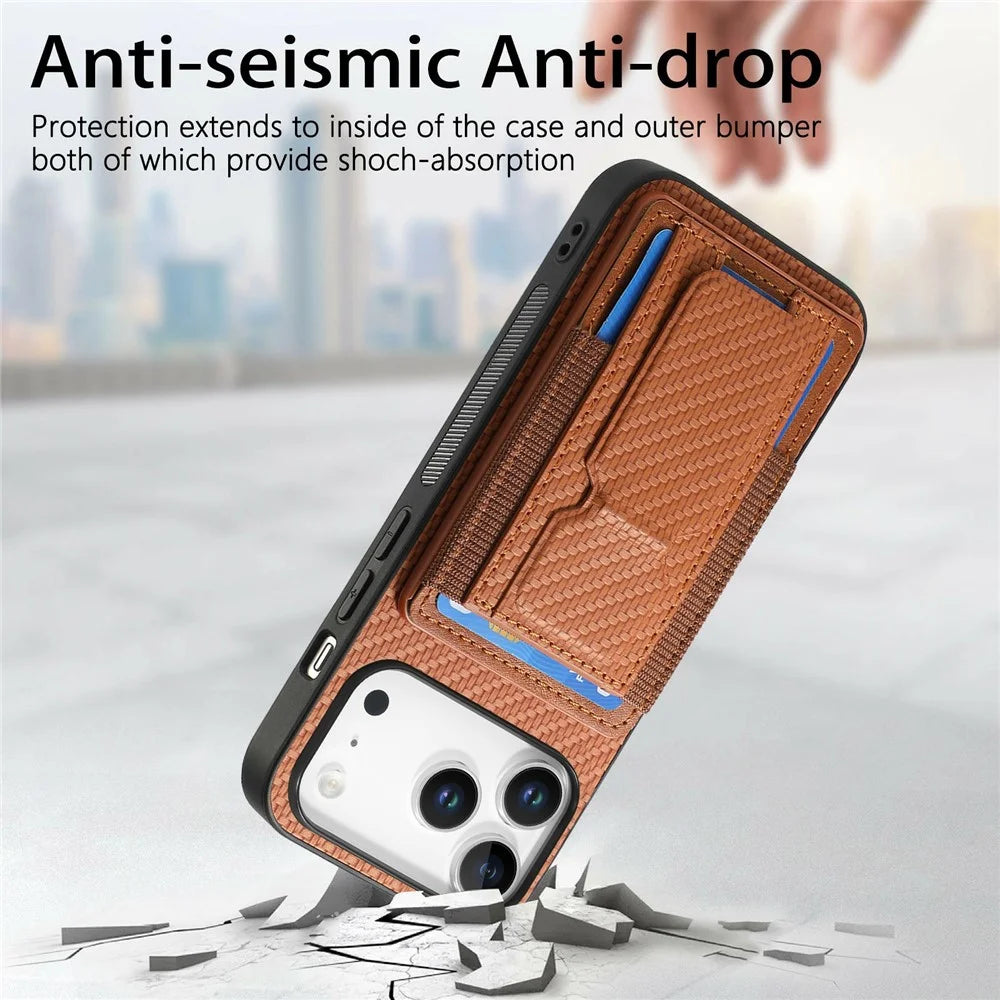 For iPhone 18 Pro Max / 17 Pro Max Case with Card Holder Kickstand Fiber Pattern Leather Back Cover - Blue - 5