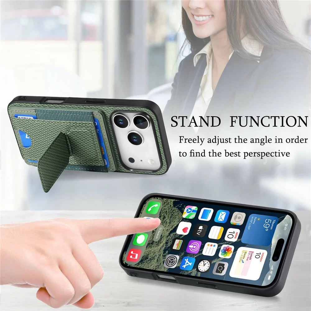 For iPhone 18 Pro Max / 17 Pro Max Case with Card Holder Kickstand Fiber Pattern Leather Back Cover - Blue - 7