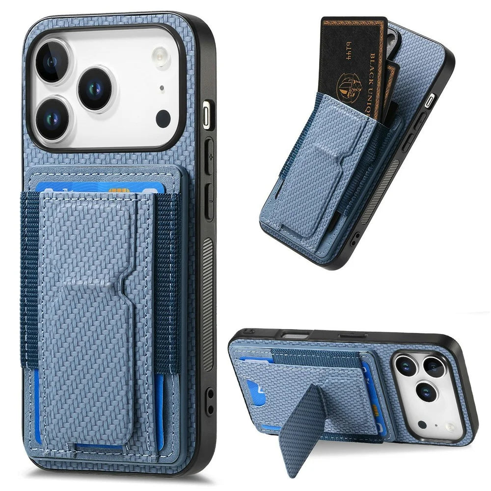 For iPhone 18 Pro / 17 Pro Case with Card Holder Kickstand Fiber Pattern Leather Back Cover - Blue - 1