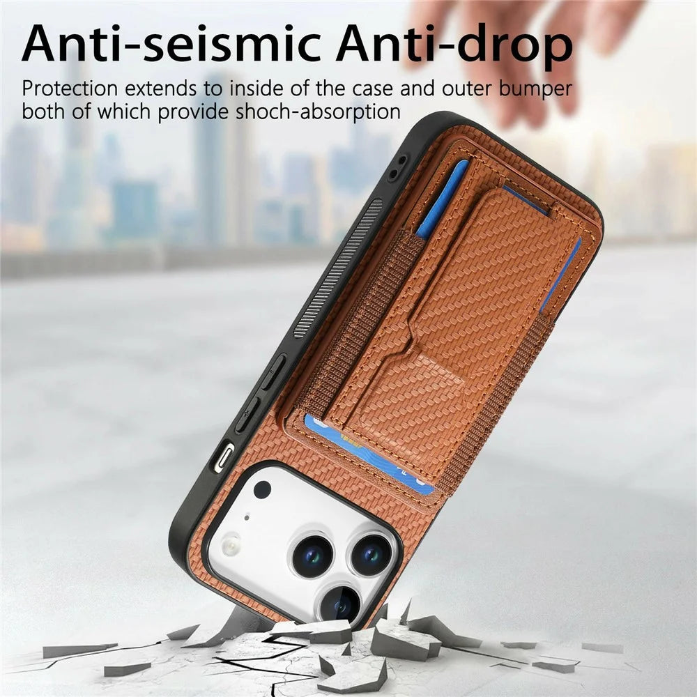 For iPhone 18 Pro / 17 Pro Case with Card Holder Kickstand Fiber Pattern Leather Back Cover - Blue - 5