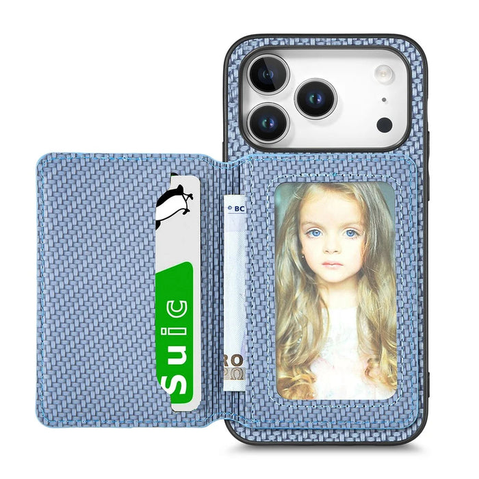For iPhone 18 Pro Max / 17 Pro Max Case RFID Blocking Carbon Fiber Leather Phone Back Cover with Card Holder - Blue - 2