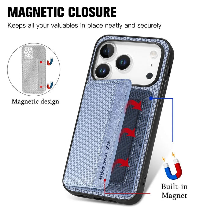 For iPhone 18 Pro Max / 17 Pro Max Case RFID Blocking Carbon Fiber Leather Phone Back Cover with Card Holder - Blue - 3
