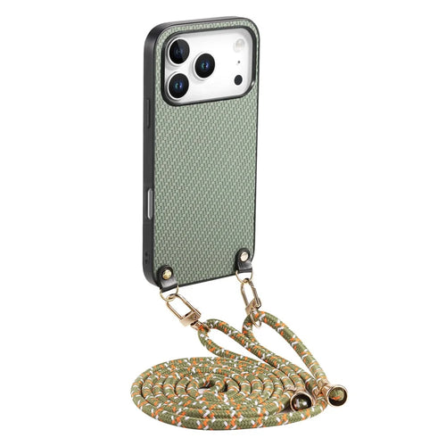 For iPhone 18 Pro Max / 17 Pro Max Case Carbon Fiber Texture Hybrid Phone Back Cover with Adjustable Strap - Green - 1