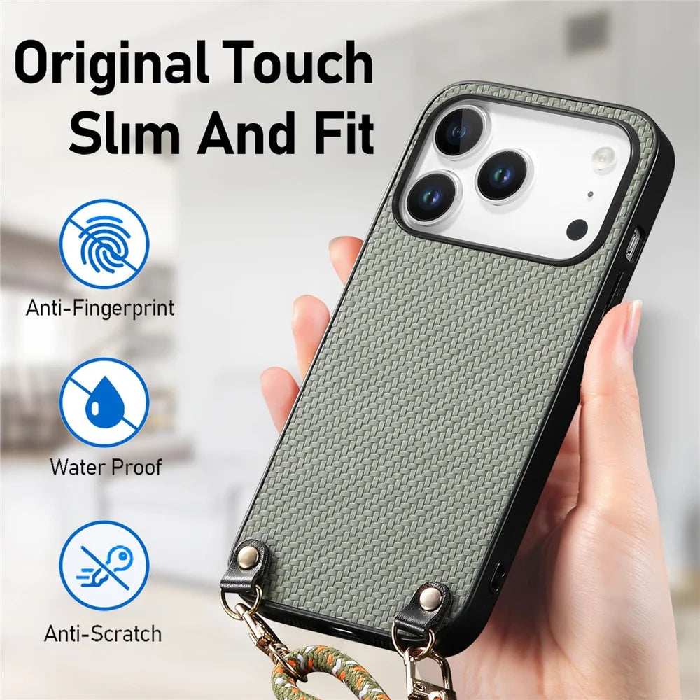 For iPhone 18 Pro Max / 17 Pro Max Case Carbon Fiber Texture Hybrid Phone Back Cover with Adjustable Strap - Green - 4