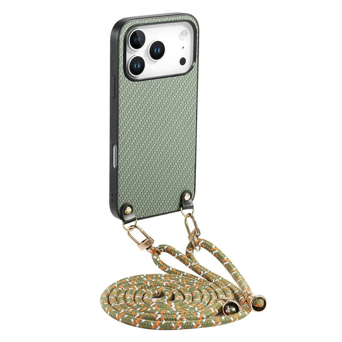 For iPhone 18 Pro / 17 Pro Case Carbon Fiber Texture Hybrid Phone Back Cover with Adjustable Strap - Green - 1