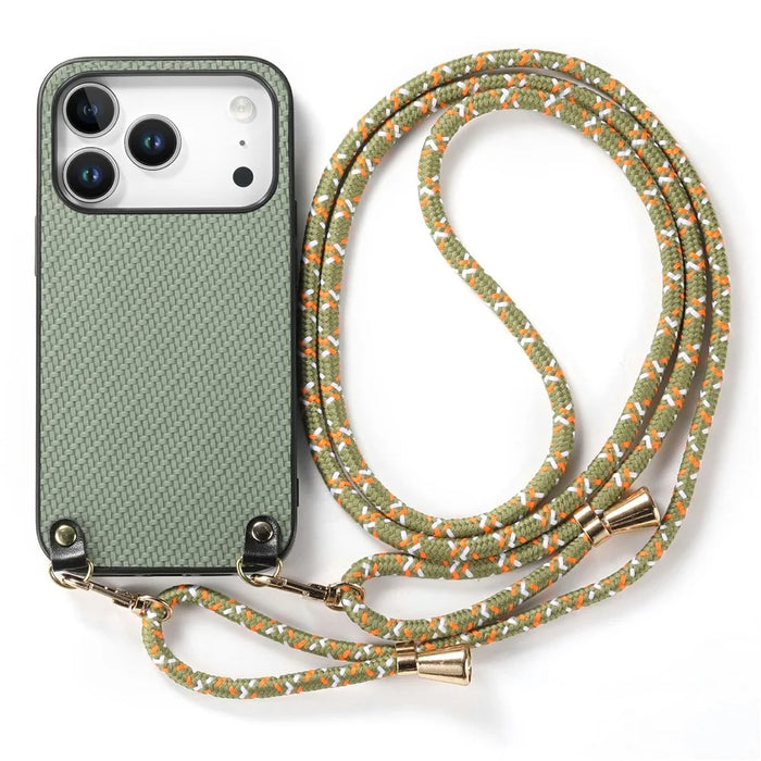 For iPhone 18 Pro / 17 Pro Case Carbon Fiber Texture Hybrid Phone Back Cover with Adjustable Strap - Green - 2