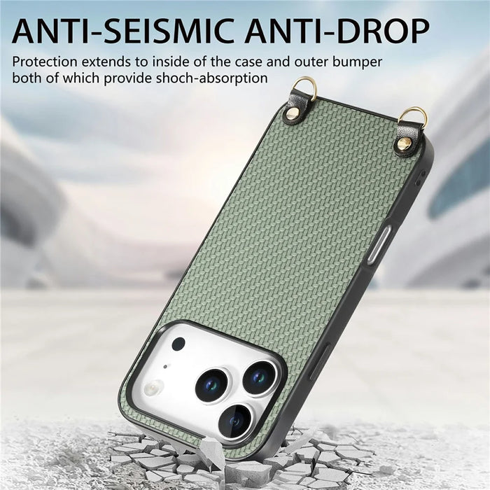 For iPhone 18 Pro / 17 Pro Case Carbon Fiber Texture Hybrid Phone Back Cover with Adjustable Strap - Green - 3
