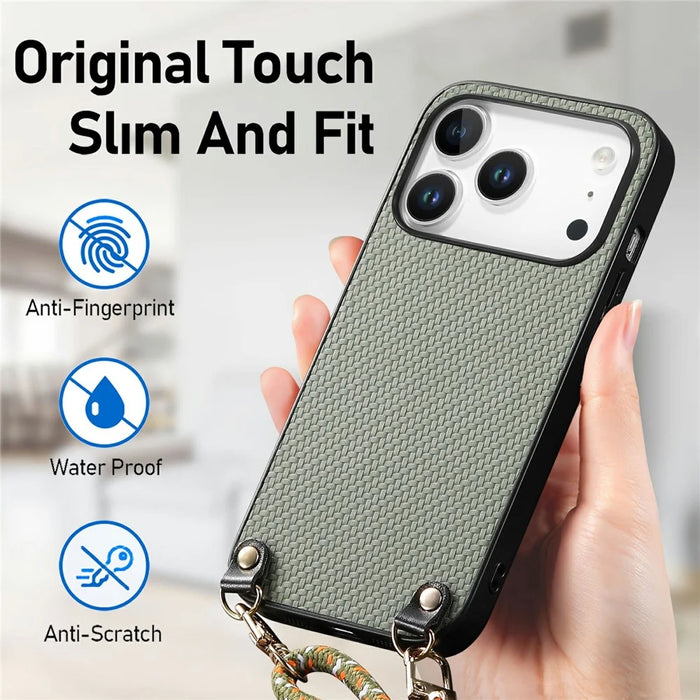 For iPhone 18 Pro / 17 Pro Case Carbon Fiber Texture Hybrid Phone Back Cover with Adjustable Strap - Green - 4