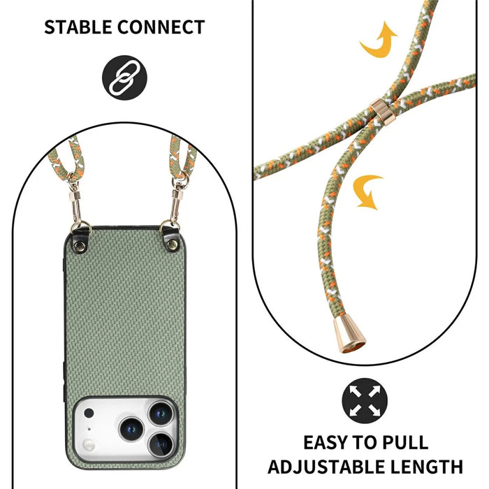 For iPhone 18 Pro / 17 Pro Case Carbon Fiber Texture Hybrid Phone Back Cover with Adjustable Strap - Green - 5