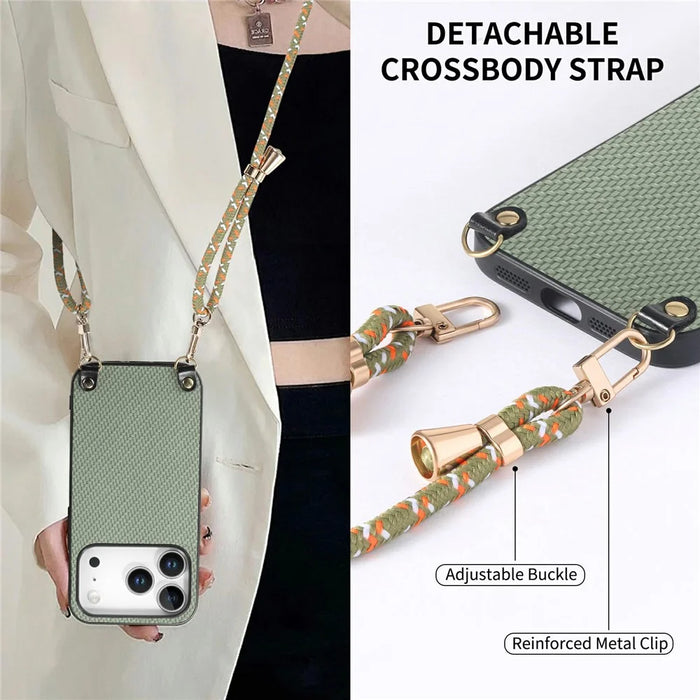 For iPhone 18 Pro / 17 Pro Case Carbon Fiber Texture Hybrid Phone Back Cover with Adjustable Strap - Green - 6
