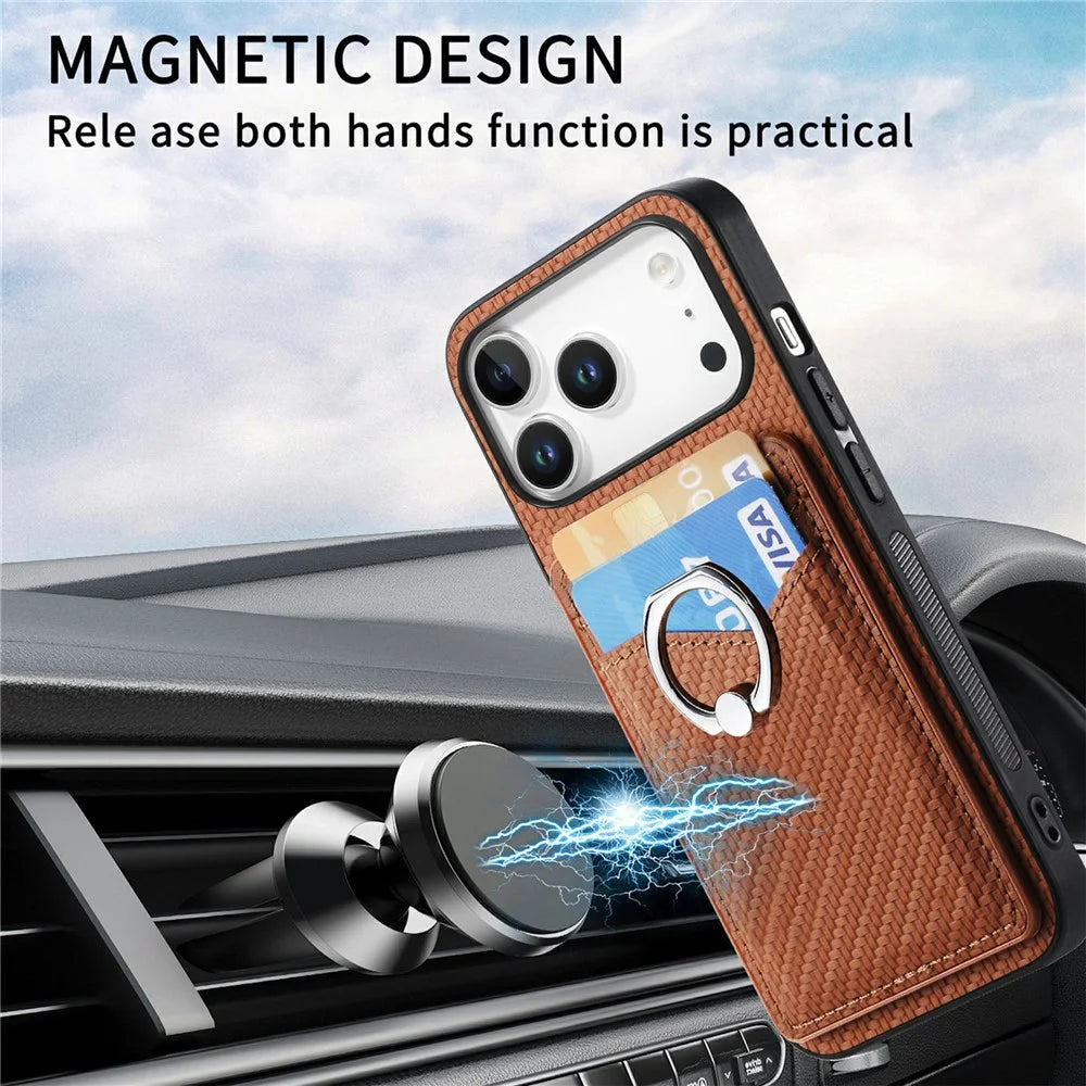 For iPhone 18 Pro Max / 17 Pro Max Case PU Leather Coated PC+TPU Phone Cover with Ring Holder Card Slots - Black - 5