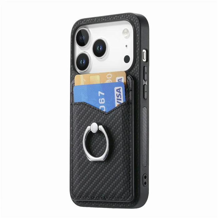 For iPhone 18 Pro / 17 Pro Case PU Leather Coated PC+TPU Phone Cover with Ring Holder Card Slots - Black - 3