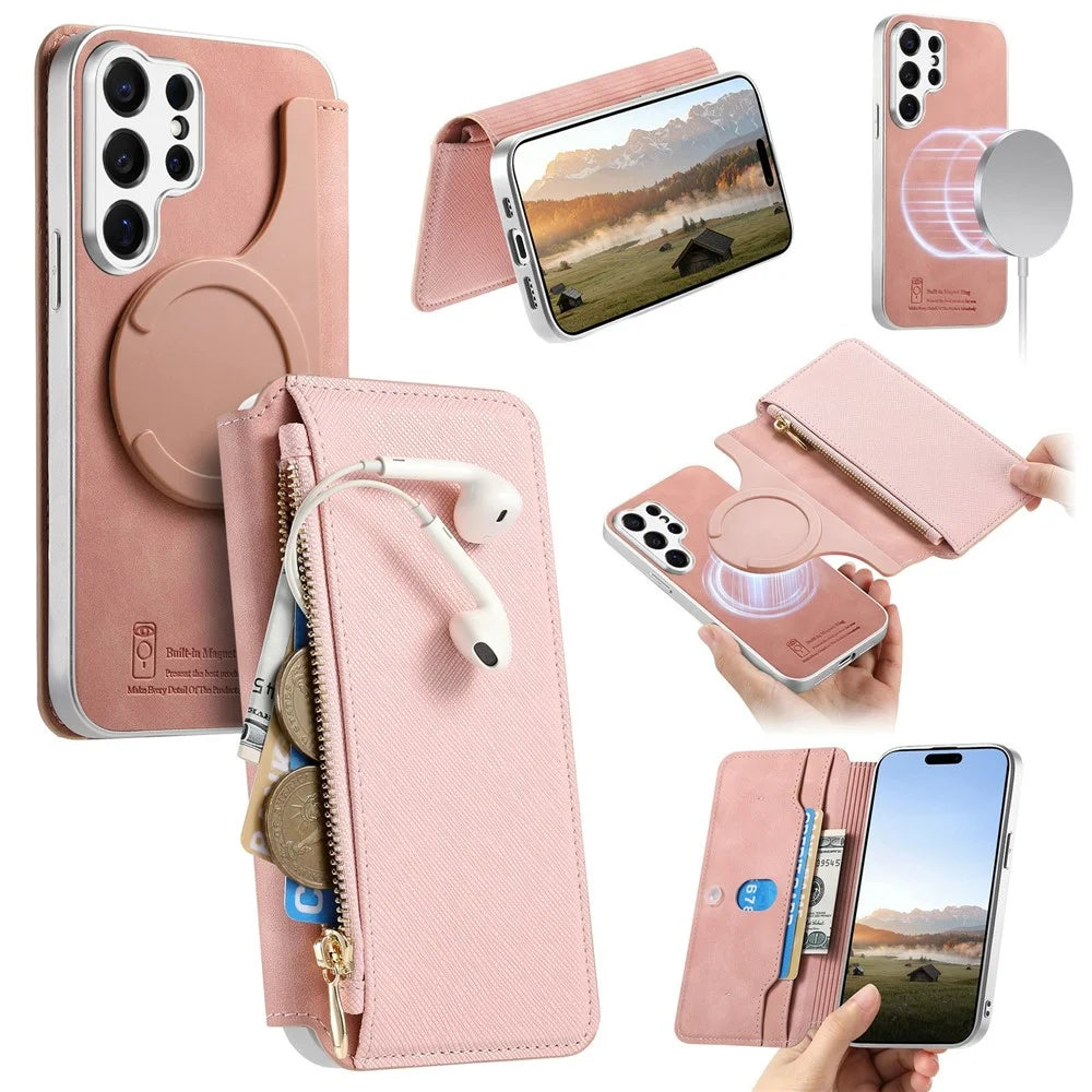 For Samsung Galaxy S26 Ultra Magnetic Case Detachable 2 in 1 Flip Wallet Leather Phone Cover with Suction Cup - Pink - 1