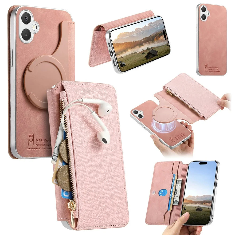 For Samsung Galaxy A07 4G Magnetic Case Detachable 2 in 1 Flip Wallet Leather Phone Cover with Suction Cup - Pink - 1