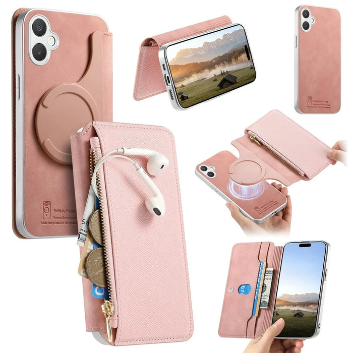 For Samsung Galaxy A07 4G Magnetic Case Detachable 2 in 1 Flip Wallet Leather Phone Cover with Suction Cup - Pink - 1