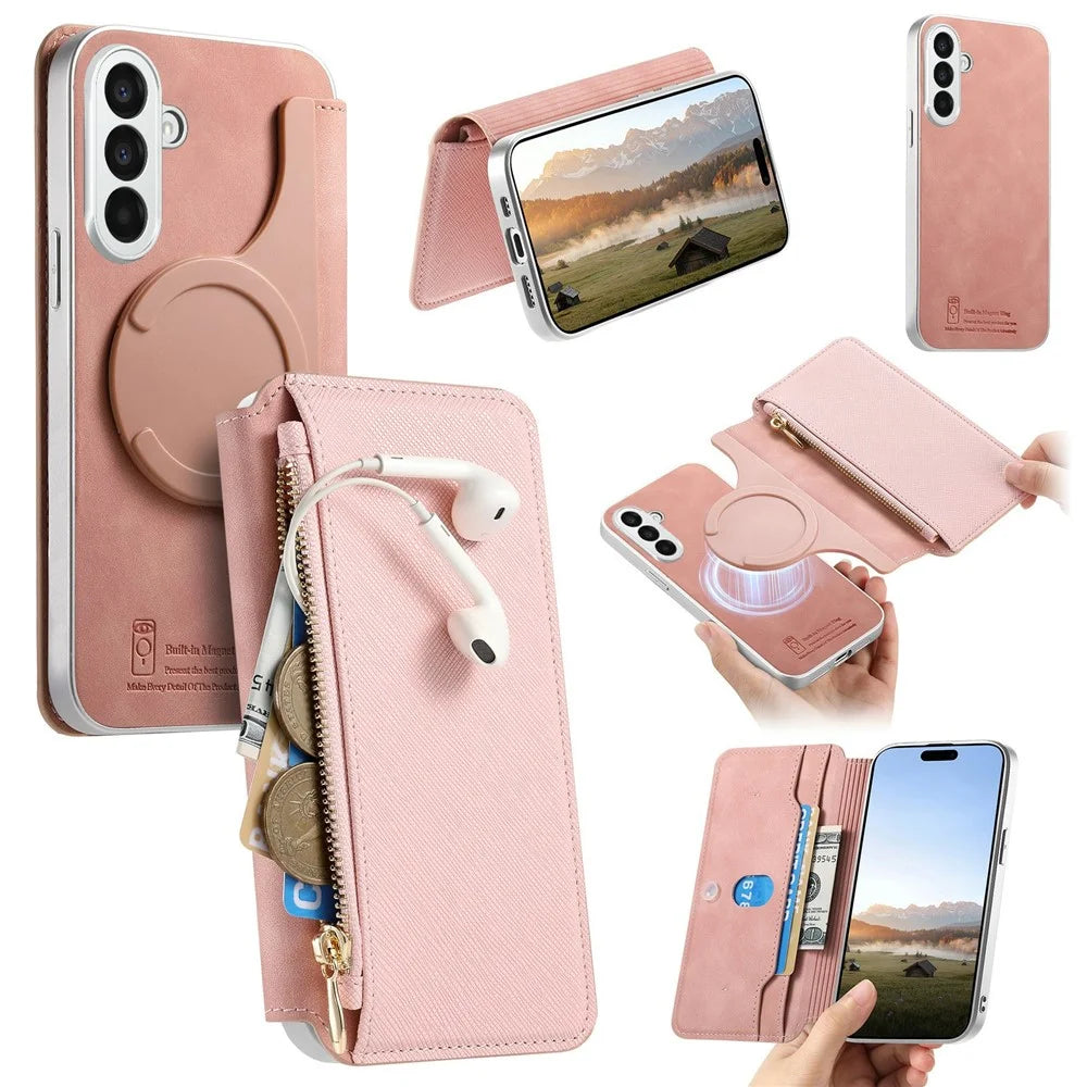 For Samsung Galaxy A17 5G  /  A17 4G Magnetic Case Detachable 2 in 1 Flip Wallet Leather Phone Cover with Suction Cup - Pink - 1