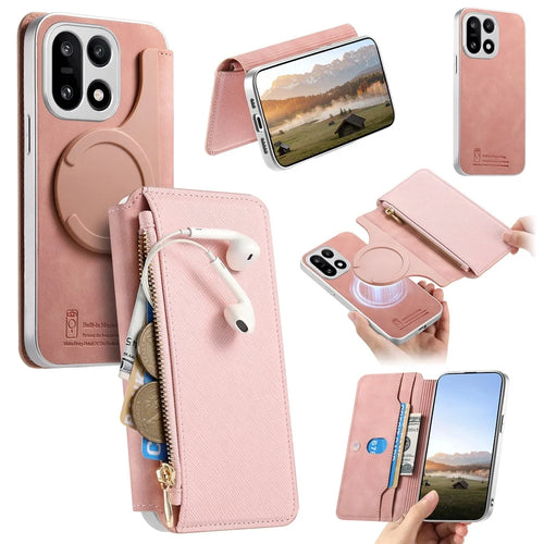 For OnePlus 15 5G Magnetic Case Detachable 2 in 1 Flip Wallet Leather Phone Cover with Suction Cup - Pink - 1