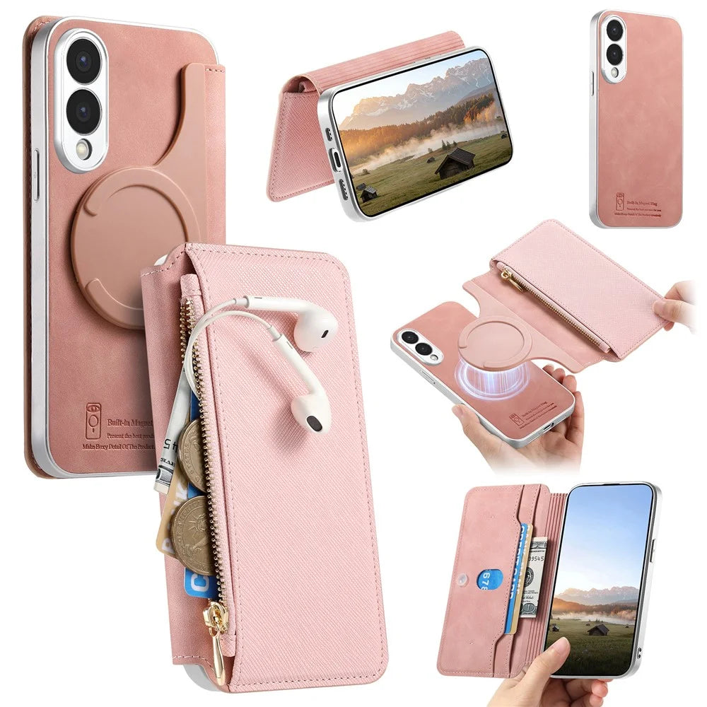 For Samsung Galaxy S25 Edge Magnetic Case Detachable 2 in 1 Flip Wallet Leather Phone Cover with Suction Cup - Pink - 1