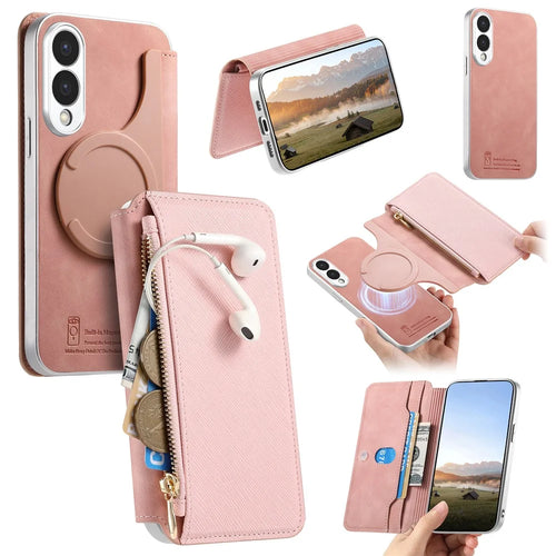 For Samsung Galaxy S25 Edge Magnetic Case Detachable 2 in 1 Flip Wallet Leather Phone Cover with Suction Cup - Pink - 1