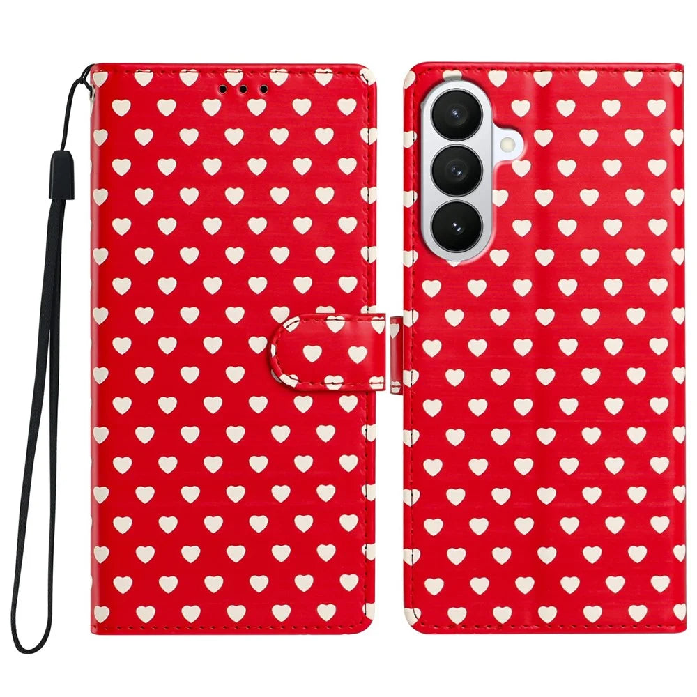 For Samsung Galaxy S26+ Case Heart Pattern PU Leather Flip Wallet Stand Phone Cover with Wrist Strap - Red - 1