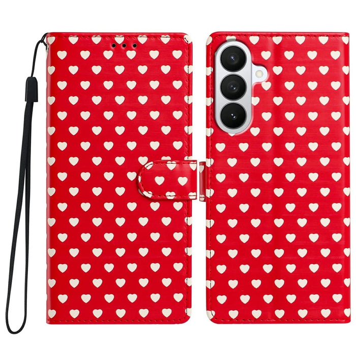 For Samsung Galaxy S26+ Case Heart Pattern PU Leather Flip Wallet Stand Phone Cover with Wrist Strap - Red - 1