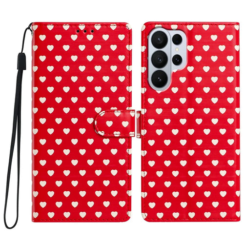 For Samsung Galaxy S26 Ultra Case Heart Pattern PU Leather Flip Wallet Stand Phone Cover with Wrist Strap - Red - 1