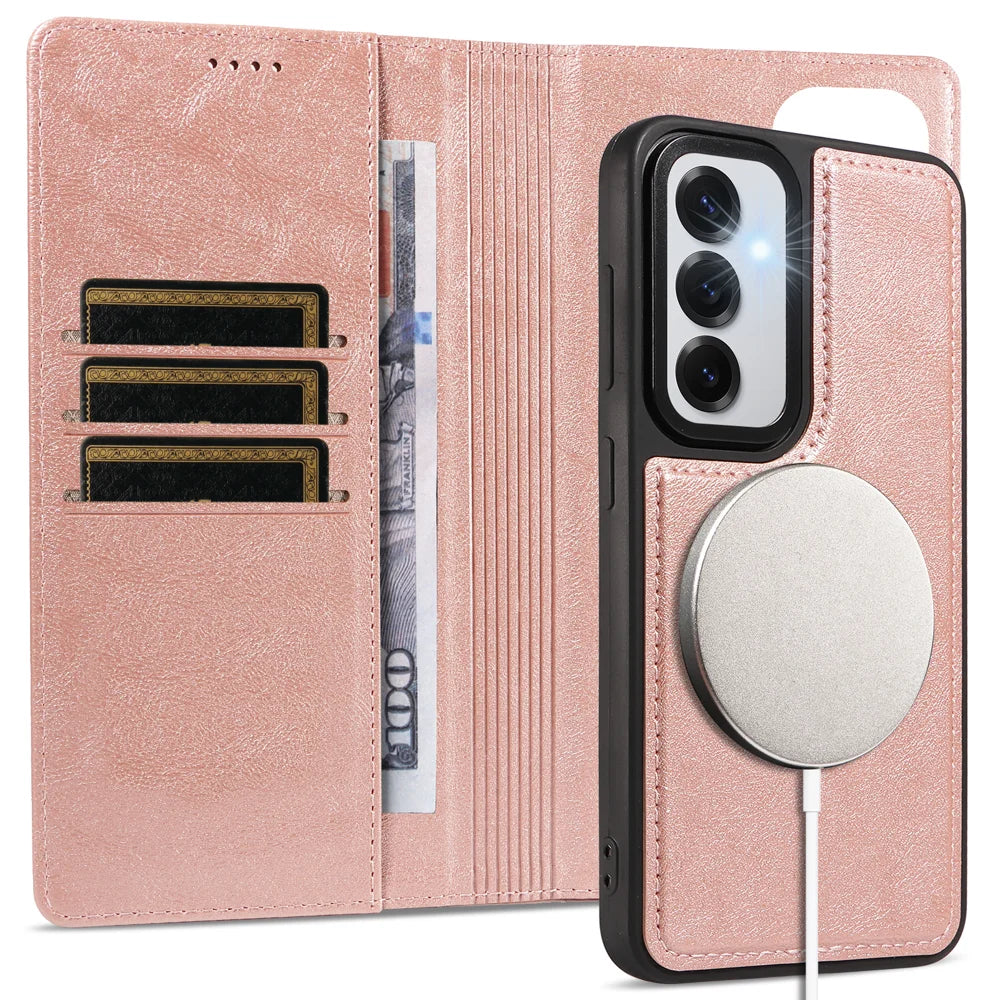 For Samsung Galaxy S24 / Galaxy S25 Magnetic Case Detachable 2 in 1 Leather Wallet Phone Cover - Rose Gold - 3