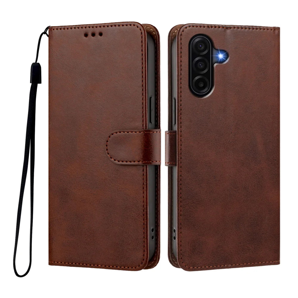 For Samsung Galaxy A57 5G Case Wallet Flip Stand PU Leather Phone Cover with Wrist Strap - Brown - 1