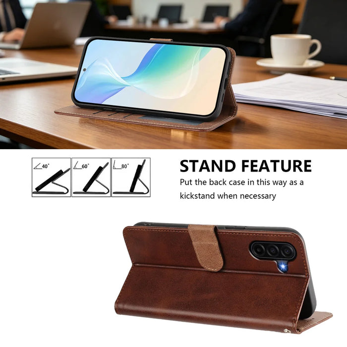 For Samsung Galaxy A57 5G Case Wallet Flip Stand PU Leather Phone Cover with Wrist Strap - Brown - 3